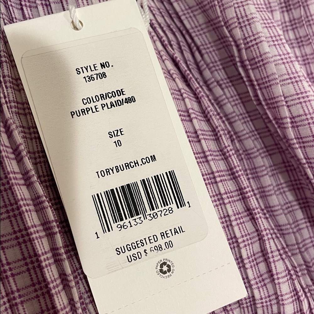 Tory Burch NWT Cotton/Silk Purple Plaid Pleated Dress, Size 10, New! - Picture 5 of 9